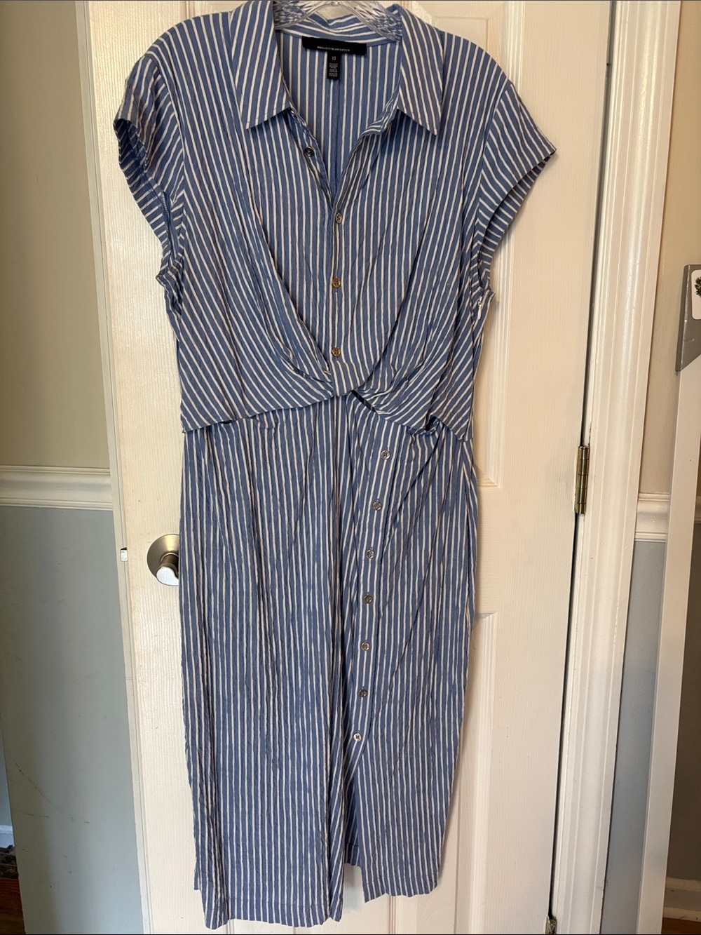 White House Black Market Blue and White Striped Button-Front Midi Dress